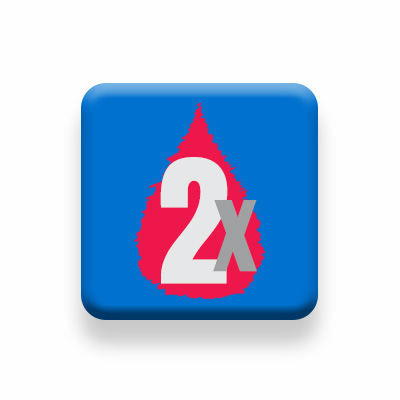 A blue square with a blood drop and a 2x