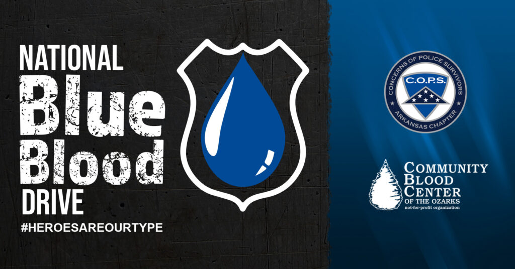 Logos for the National Blue Blood Drive, Arkansas Concerns of Police Survivors (C.O.P.S.) and Community Blood Center of the Ozarks.