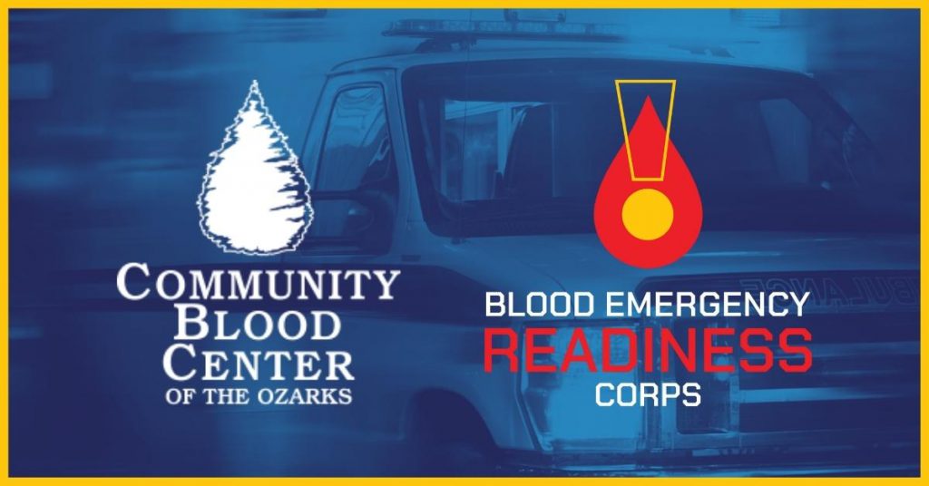 Logos for the Community Blood Center of the Ozarks and the Blood Emergency Readiness Corps.