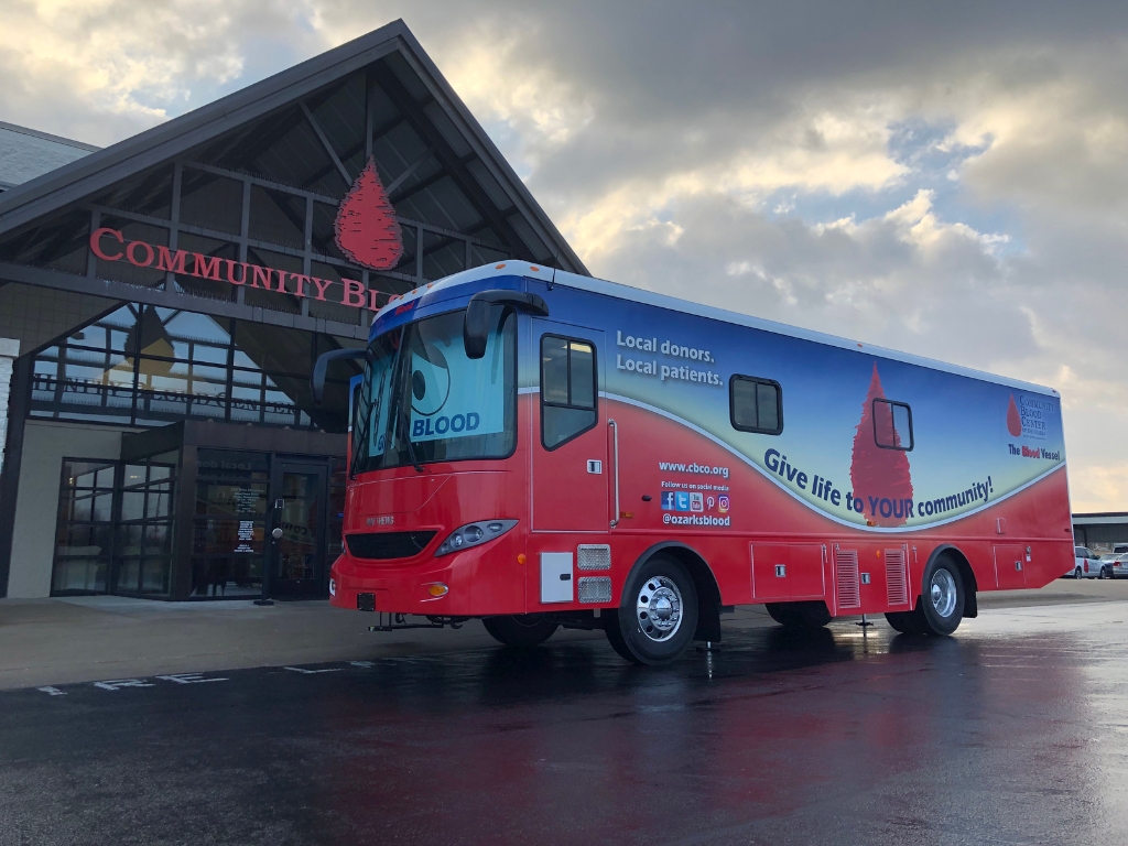 A bloodmobile parked outside the Community Blood Center of the Ozarks donor center.