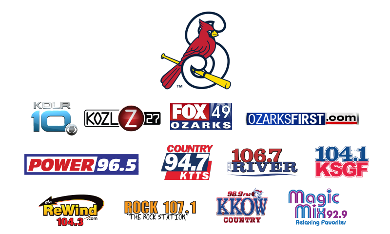 Logos for the Bleed Red Blood Drive sponsors. Sponsors include: Springfield Cardinals
KOLR 10 & Ozarks Fox
KSPW - Power 96.5 FM
KTTS 94.7 FM
106.7 The River
KSGF-FM | 104.1 FM
The Rewind on 104.3 FM
Rock 107.1
KKOW-FM 96.9 Country
Magic Mix 92.9 FM