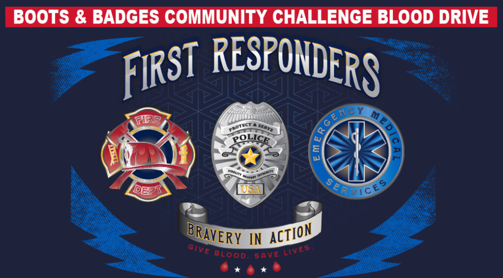A promotional image for CBCO's Boots & Badges Community Challenge Blood Drives, containing police, fire and EMS logos.