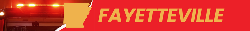 A stock photo of a fire truck is shown with an outline of Arkansas and the word Fayetteville