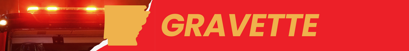 A stock photo of a fire truck is shown with an outline of Arkansas and the word Gravette