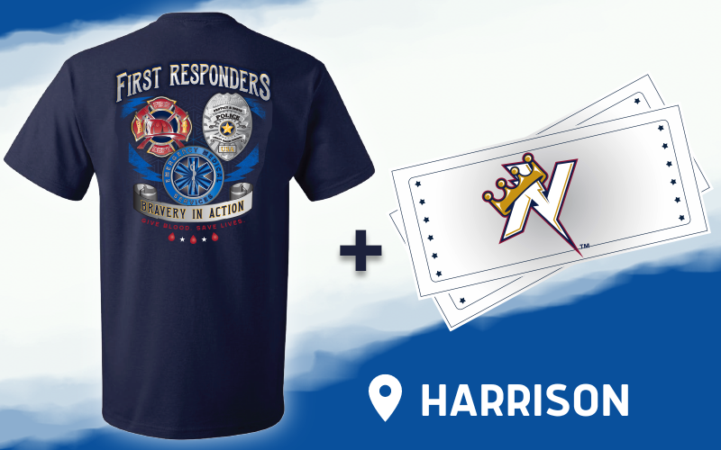 A graphic depicting the donor rewards available at the Harrison Boots & Badges Blood Drive.