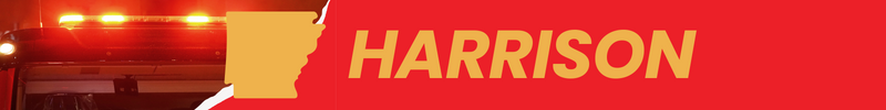 A stock photo of a fire truck is shown with an outline of Arkansas and the word Harrison