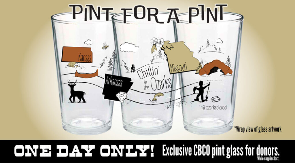 A photograph of the pint glass that is being distributed to CBCO blood donors at donor centers on July 3, 2023.