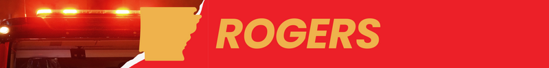 A stock photo of a fire truck is shown with an outline of Arkansas and the word Rogers