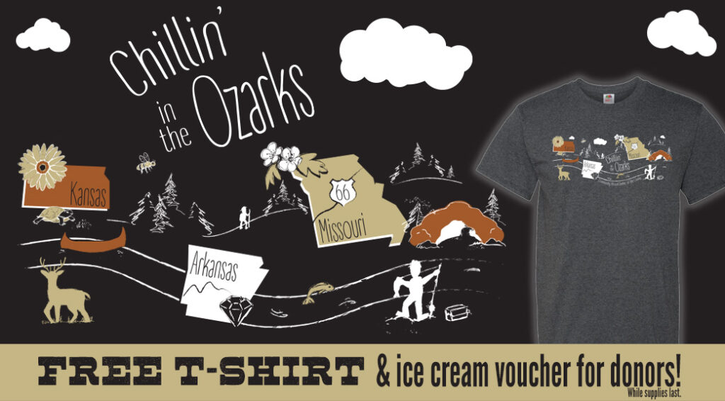 A graphic showing the "Chillin' in the Ozarks" T-shirt that will be available at all Community Blood Center of the Ozarks mobile blood drives in July 2023, while supplies last.