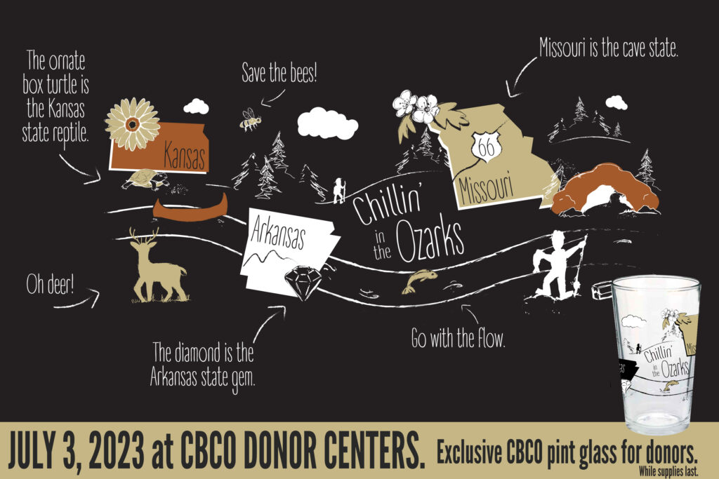 A graphic highlighting the details on the pint glass that will be distributed to those who give blood at a CBCO donor center on July 3, 2023.