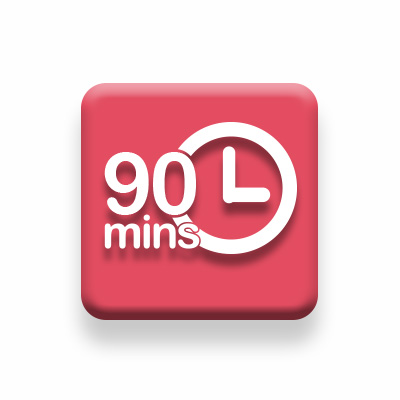 A red square with the words "90 minutes" and a sketch of a clock.