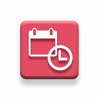 A red square with a sketch of a calendar and clock.