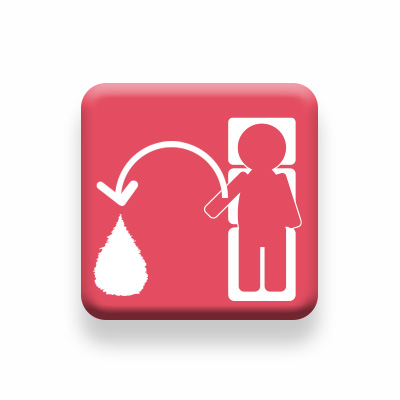 A red square with a sketch of blood components being collected from a blood donor.