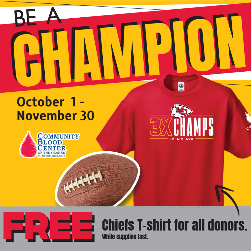 A photograph of the Kansas City Chiefs T-shirt that blood donors will receive when they give blood to CBCO between October 1 and November 30, 2023.