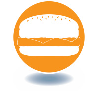 A yellow circle containing a sketch of a cheeseburger