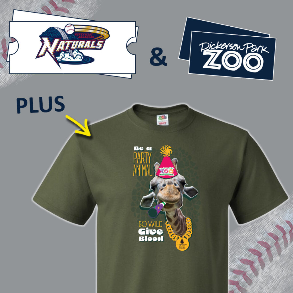 A graphic depicting the Northwest Arkansas Naturals tickets, Dickerson Park Zoo tickets and "Party Animal" T-shirt that donors will receive when they donate during the September Call-Ups Blood Drive in Arkansas.