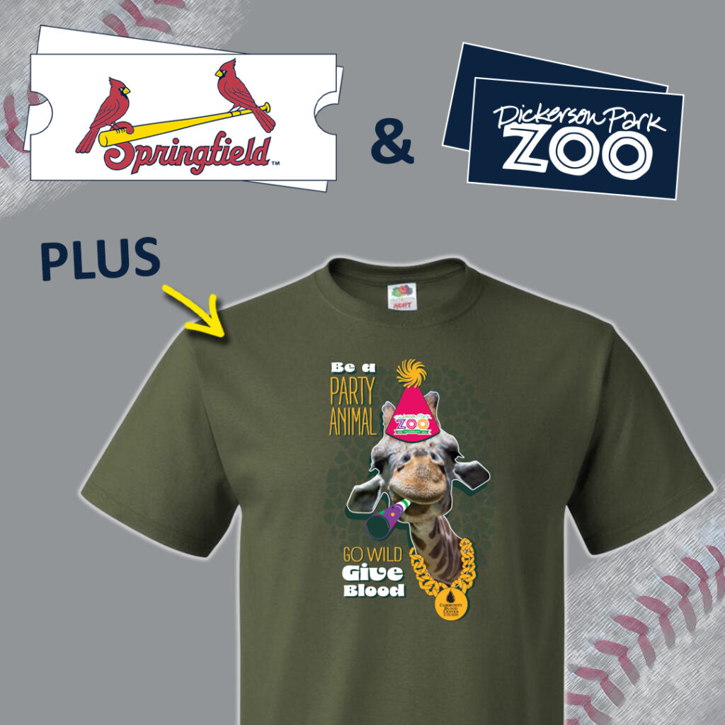 A graphic depicting the Springfield Cardinals tickets, Dickerson Park Zoo tickets and "Party Animal" T-shirt that donors will receive when they donate during the September Call-Ups Blood Drive in Missouri or Kansas.