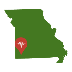 A green outline of the state of Missouri with a red location pin at Anderson's location.