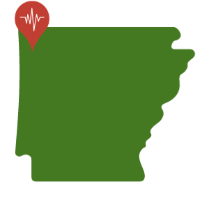 A green outline in the state of Arkansas with a red pin in the location of Fayetteville.