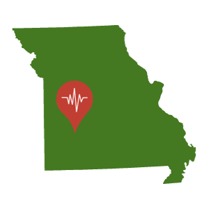 A green outline of the state of Missouri with a red location pin at Flemington's location.