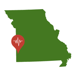 A green outline of the state of Missouri with a red location pin at Joplin's location.