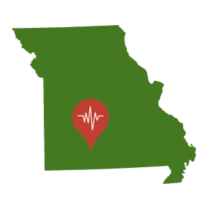 A green outline of the state of Missouri with a red location pin at Rogersville's location.