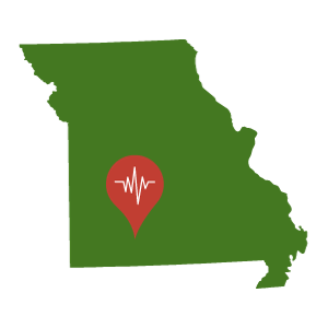 A green outline of the state of Missouri with a red location pin at Springfield's location.