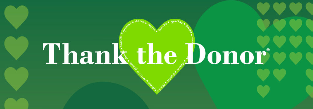 The Thank the Donor logo appears on a green background with hearts.