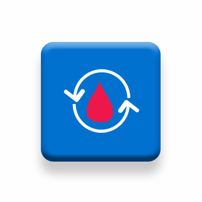 A blue square with a blood drop and two arrows in a circle
