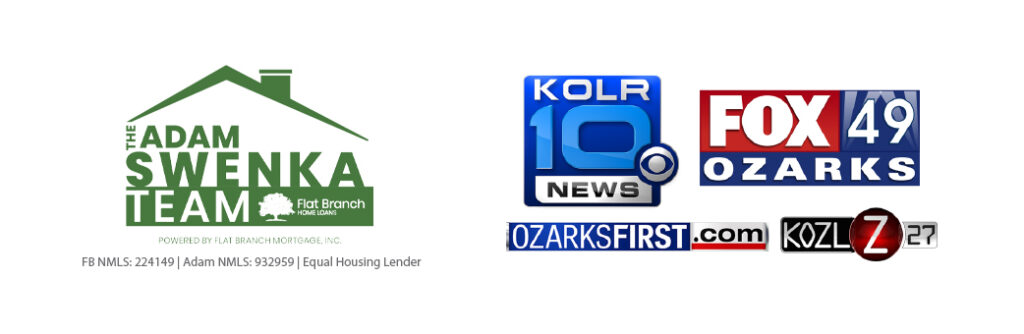 Logos for the sponsors of the 56-Day Challenge: The Adam Swenka Team at Flat Branch Home Loans and KOLR10 / OzarksFirst.