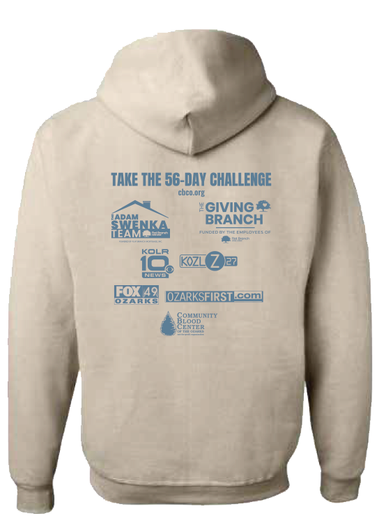 back of a cream colored hoodie that says "take the 56-day challenge" at the top with multiple sponsor underneath.