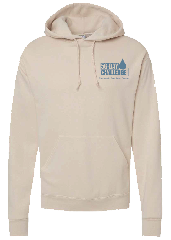 picture of a cream colored hoodie with the 56-day challenge logo on the top right chest