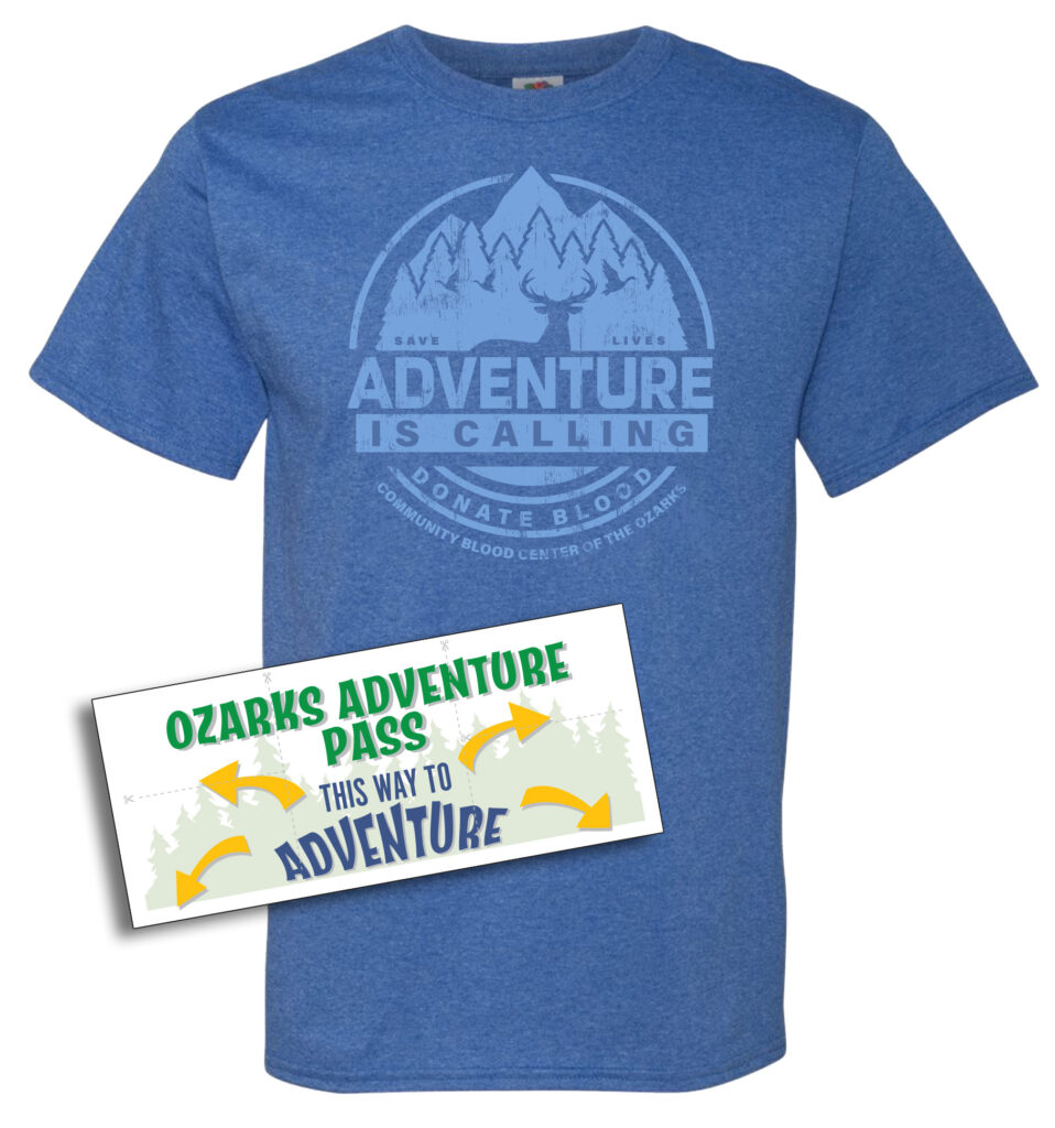 graphic of adventure pass blue T-shirt with ticket graphic put on top.